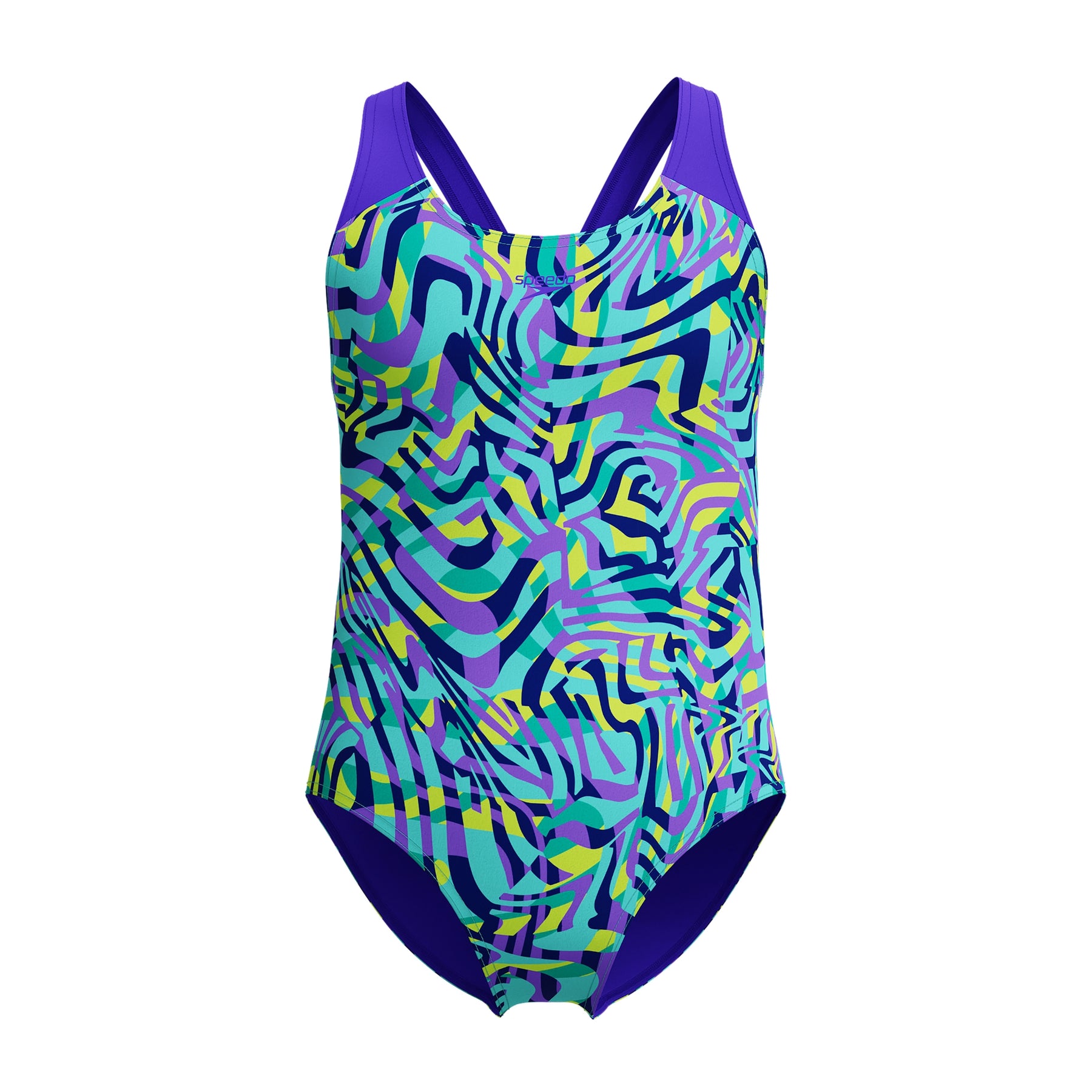 Speedo Girls Digital Allover Splashback Swimsuit: Blue/Purple