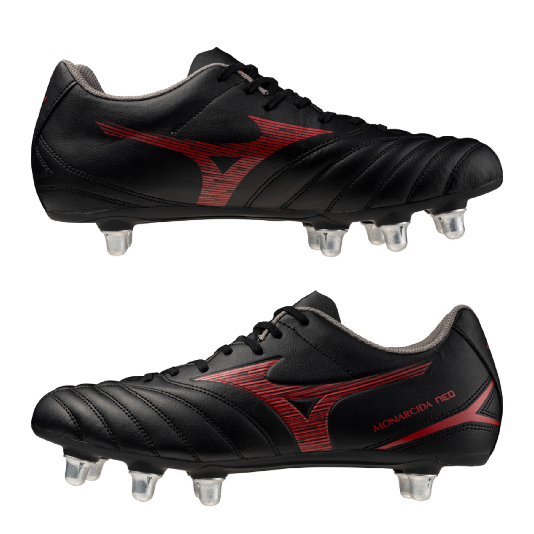 Mizuno Monarcida Neo III Rugby Boots: Black/Morelia Red
