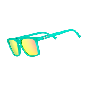 Goodr Benefit Sunglasses Pink Reflective Polarised Mirror Lenses: Teal Frame