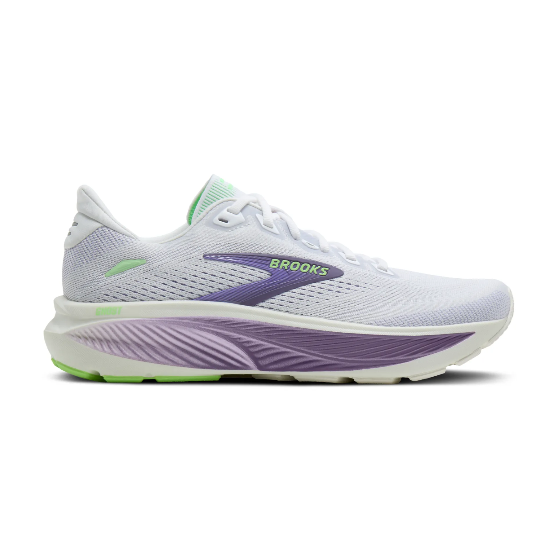 Brooks Ghost 18 Womens Running Shoes: White/Purple Hebe/Green