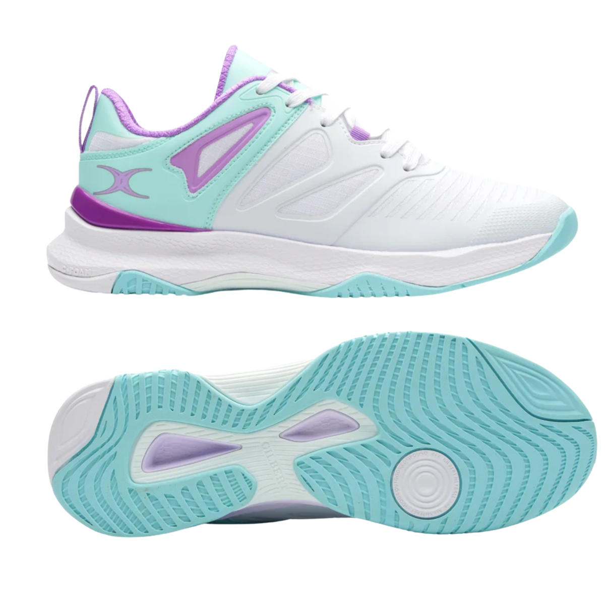 Gilbert Impact Women's Netball Shoes: White/Aqua/Purple