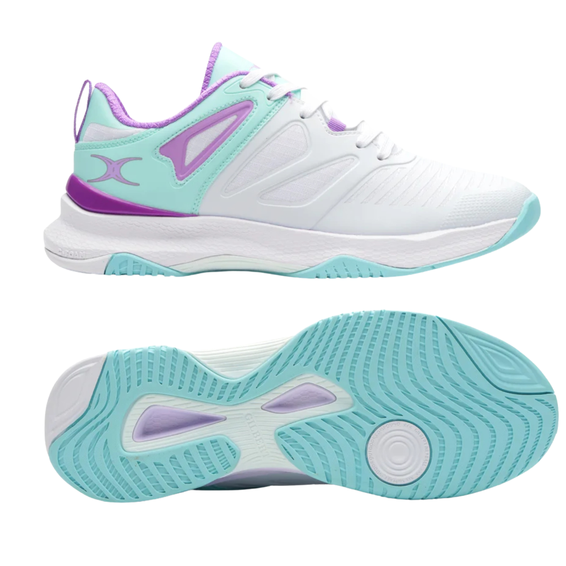 Gilbert Impact Women's Netball Shoes: White/Aqua/Purple