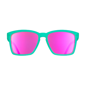 Goodr Benefit Sunglasses Pink Reflective Polarised Mirror Lenses: Teal Frame