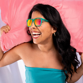 Goodr Benefit Sunglasses Pink Reflective Polarised Mirror Lenses: Teal Frame