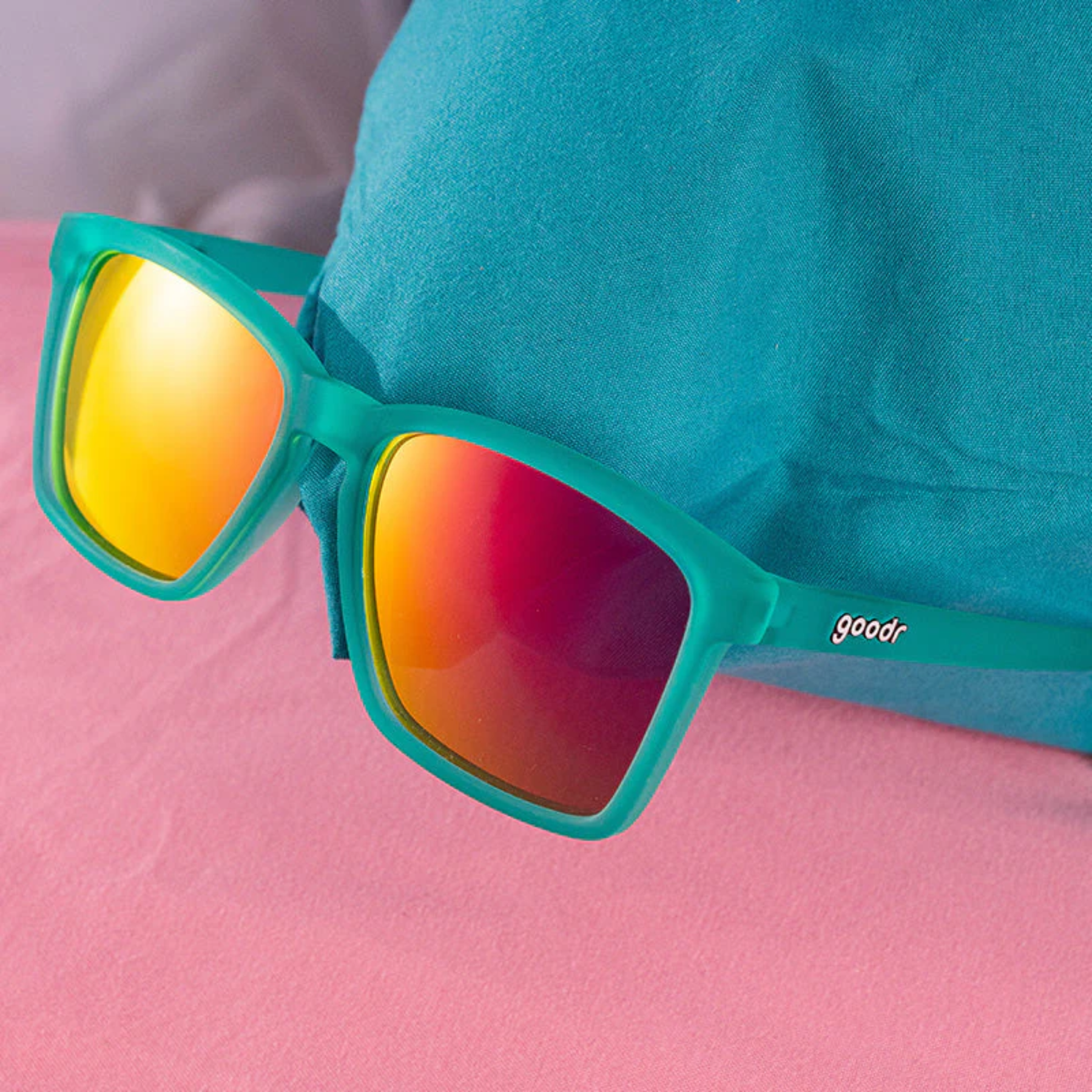 Goodr Benefit Sunglasses Pink Reflective Polarised Mirror Lenses: Teal Frame