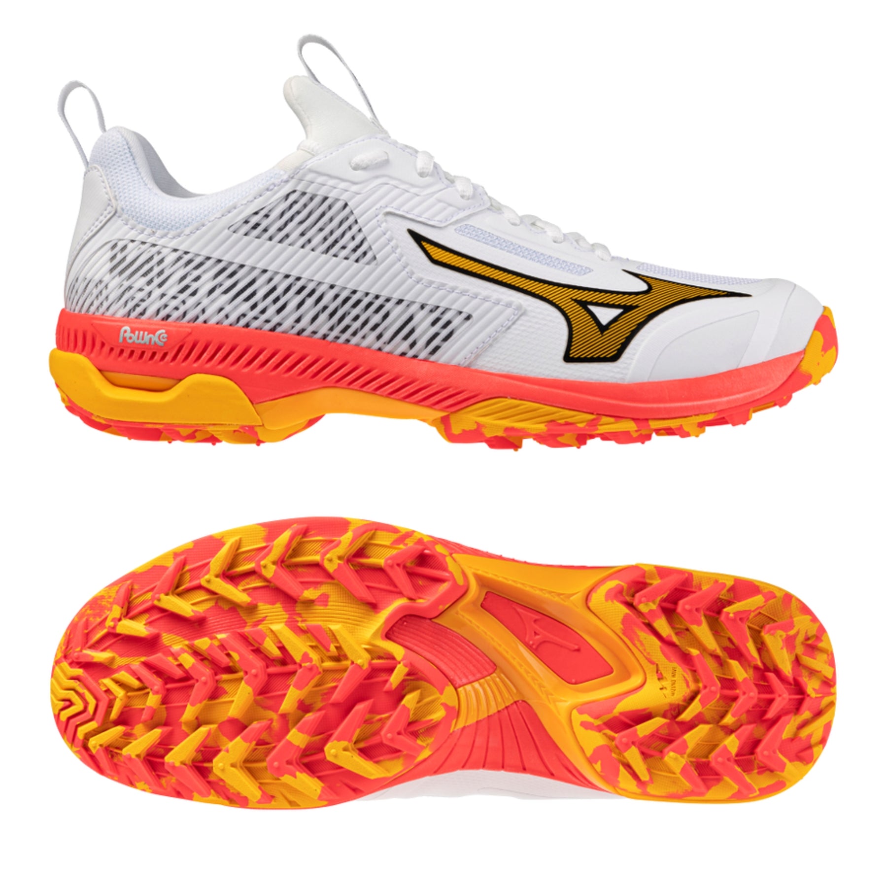 Mizuno Wave Panthera 2 Astro Hockey Shoes: White/Fiery Coral/Citrus