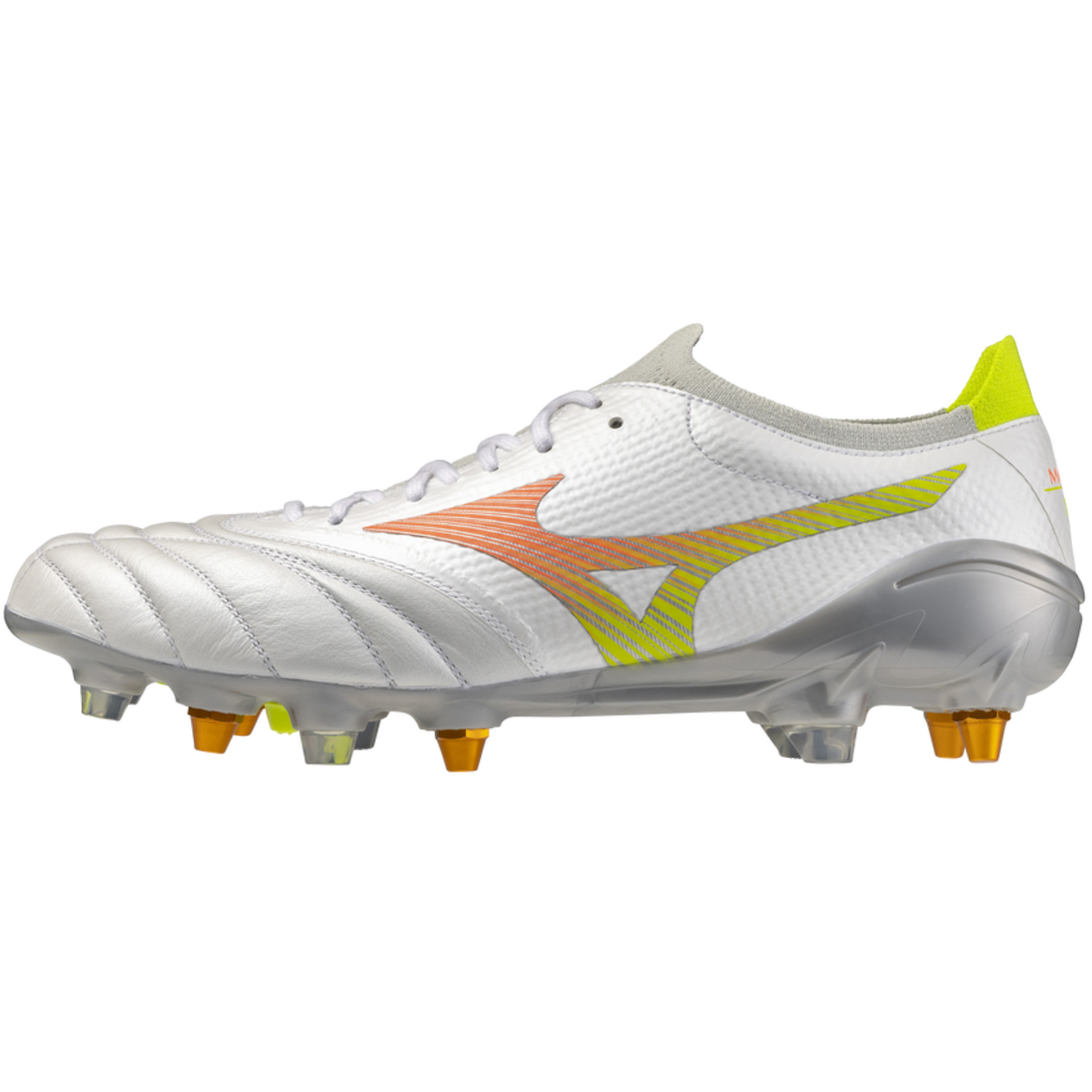Mizuno Morelia Neo V Elite Mix Rugby Boots: White/Lava Orange/Evening Primrose
