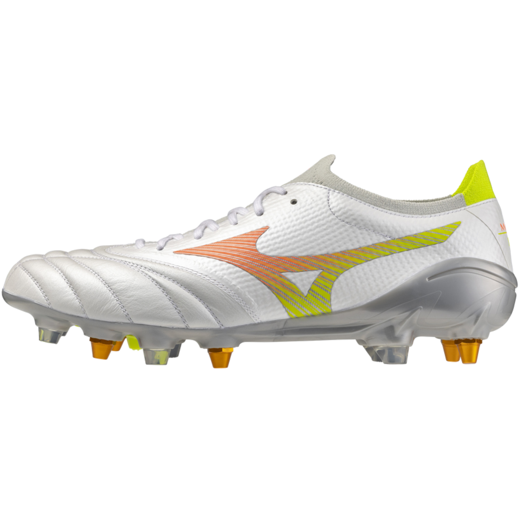 Mizuno Morelia Neo V Elite Mix Rugby Boots: White/Lava Orange/Evening Primrose