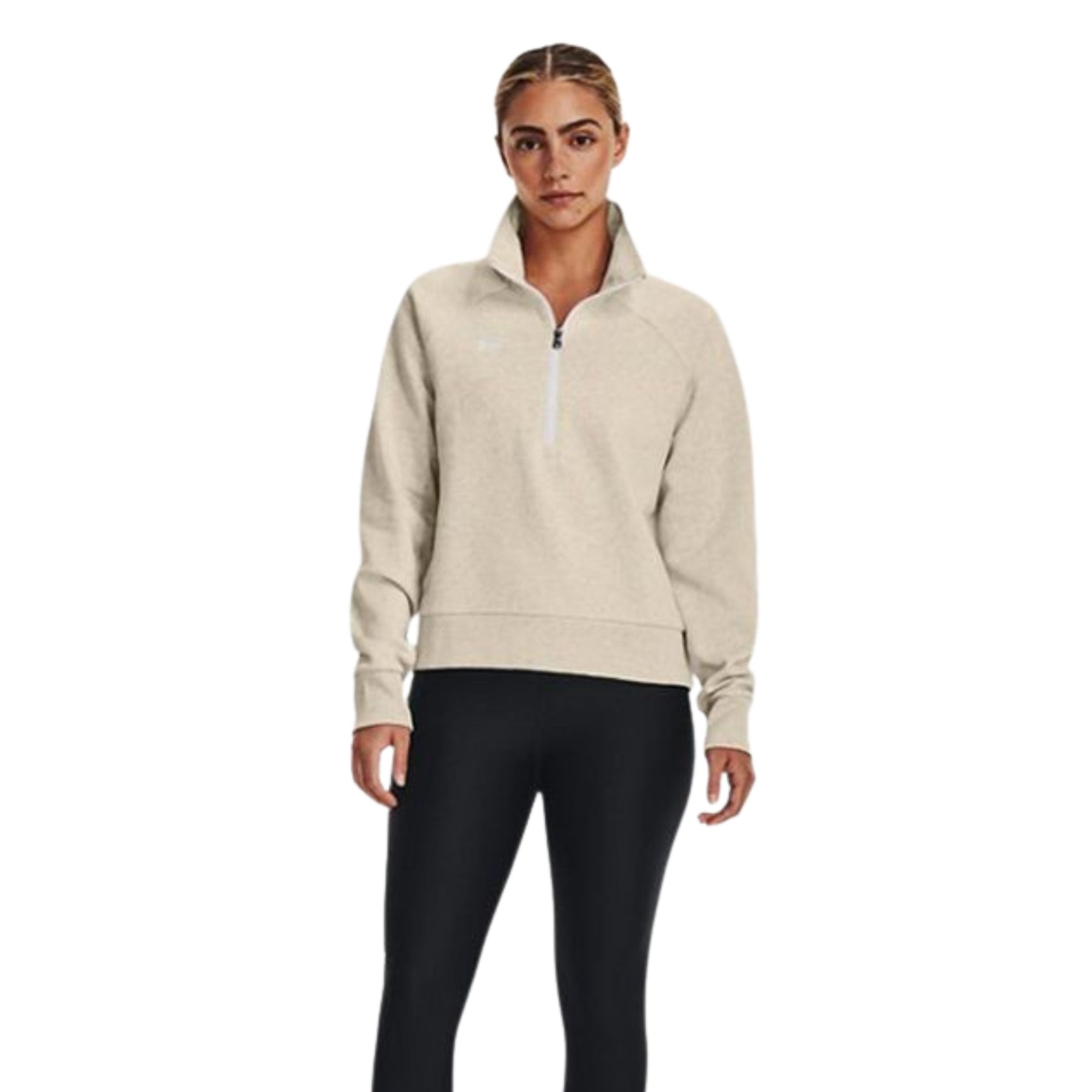 Under Armour Womens Rival Fleece Half Zip 2025: Oatmeal/Heather/White