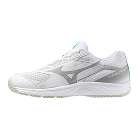 Mizuno Cyclone Speed Junior Netball Shoes: White/Black/Frozen Emerald