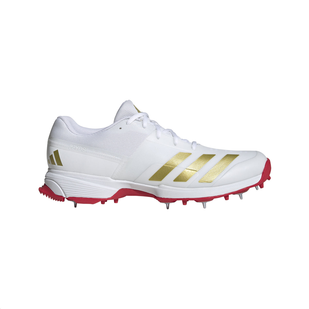 Adidas 22YDS Spike Adult Cricket Shoes: White/Gold/Red