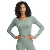Under Armour Train Seamless Long Sleeve Womens Tee 2025: Silica Green/White
