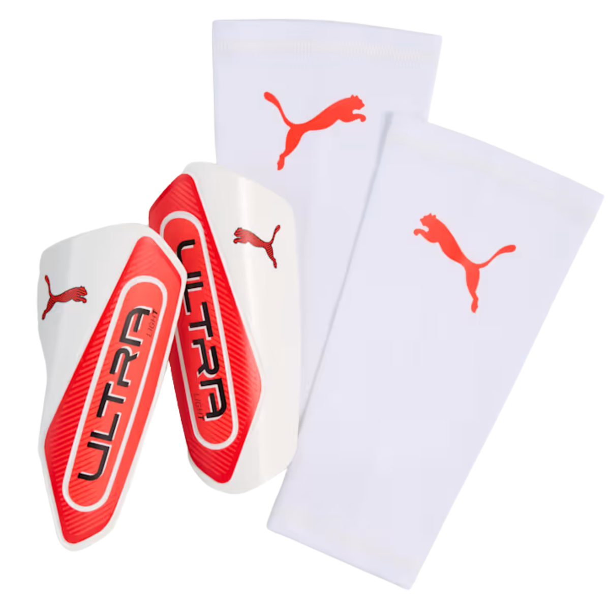 Puma Ultra Light Sleeve Football Shin Pads: White/Ultra Red