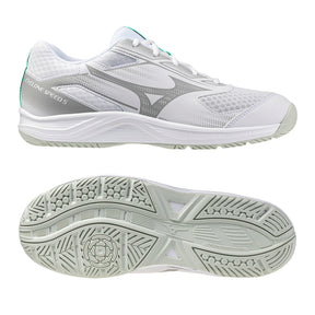 Mizuno Cyclone Speed Junior Netball Shoes: White/Black/Frozen Emerald