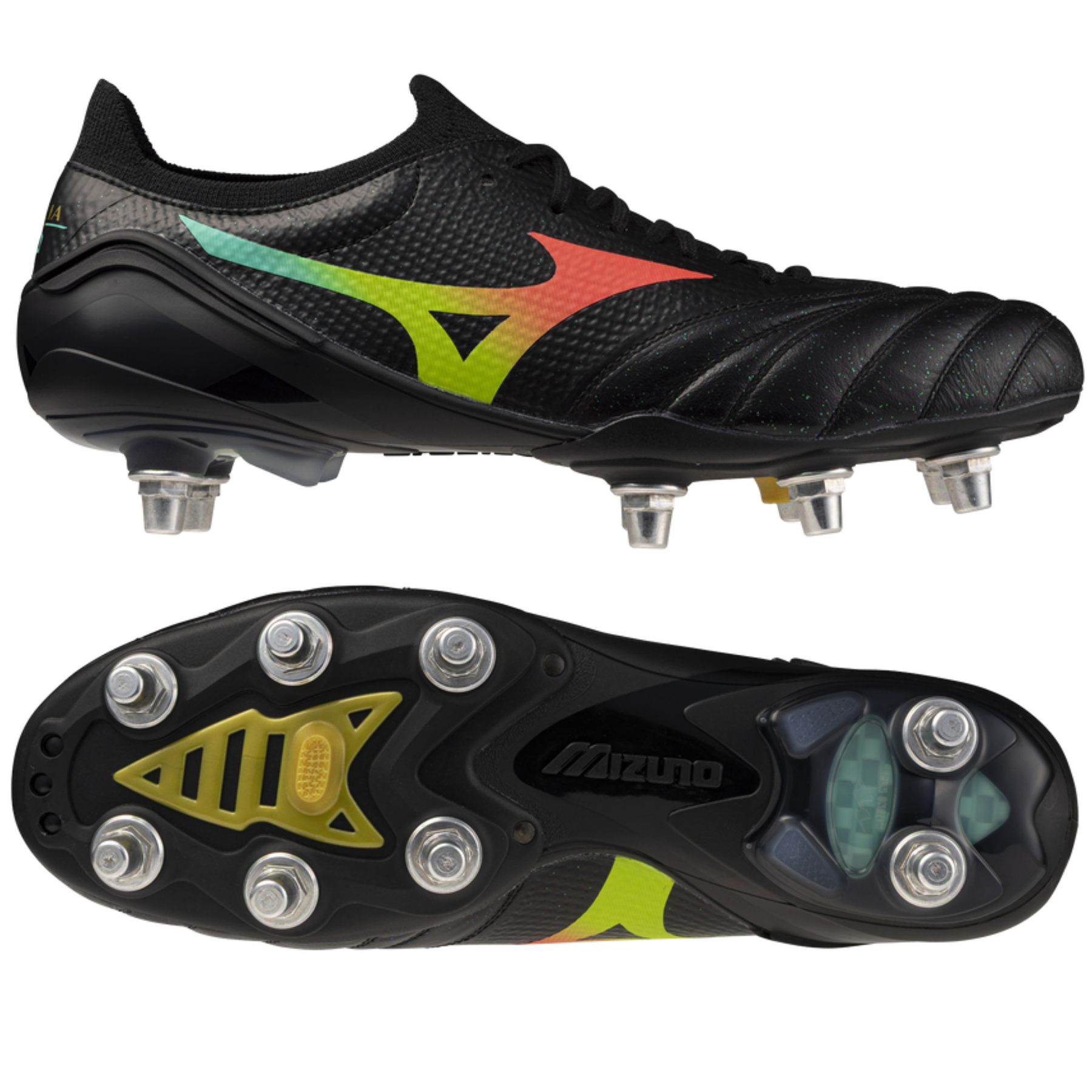 Mizuno Morelia Neo V Elite Rugby Boots: Black/Lava Orange