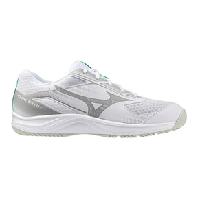 Mizuno Cyclone Speed Junior Netball Shoes: White/Black/Frozen Emerald