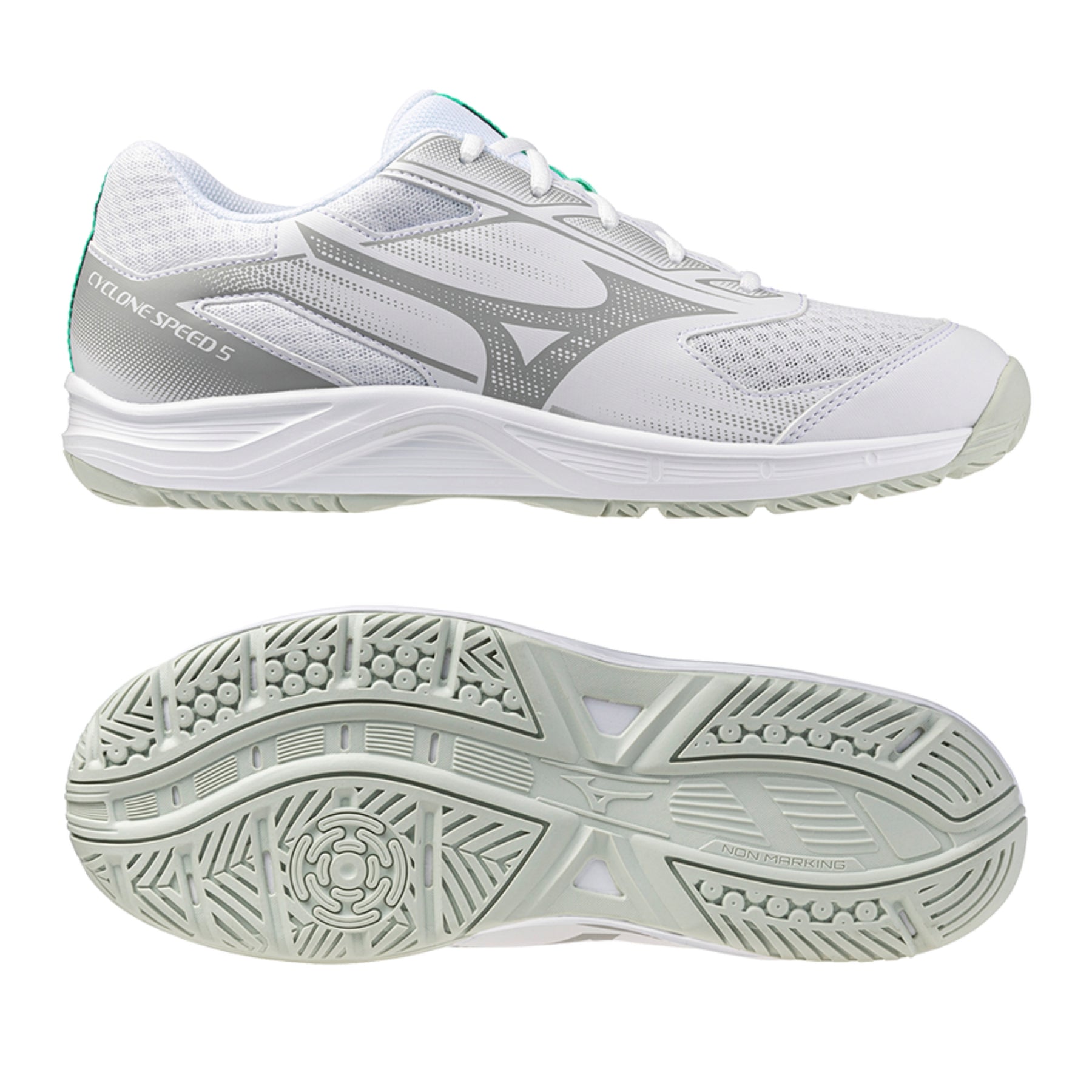 Mizuno Cyclone Speed Junior Netball Shoes: White/Black/Frozen Emerald