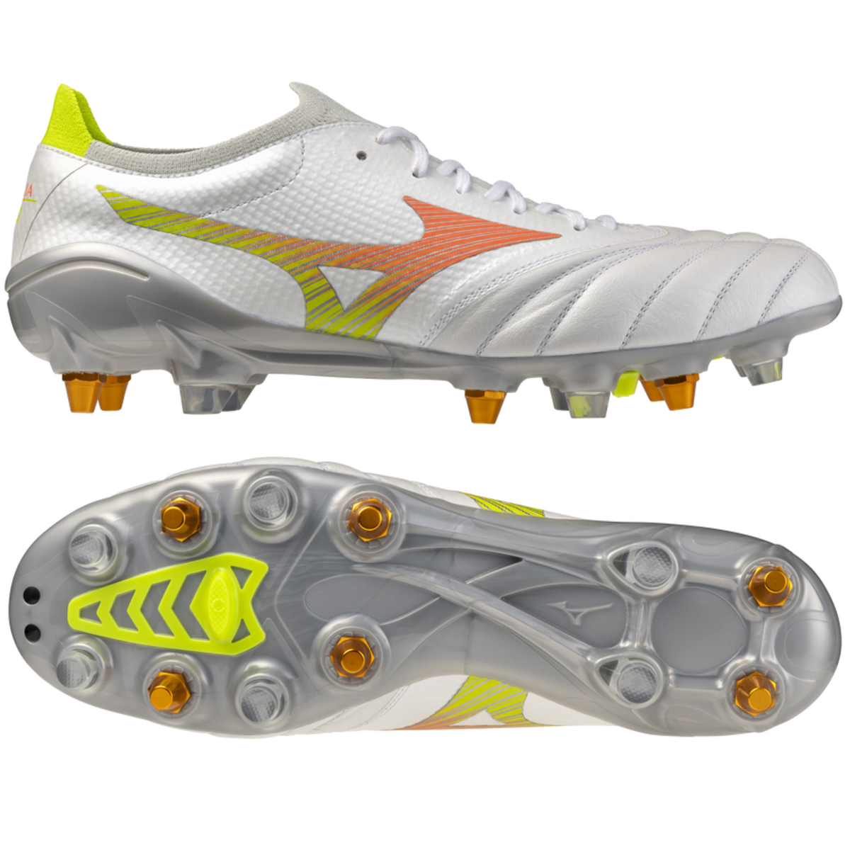 Mizuno Morelia Neo V Elite Mix Rugby Boots: White/Lava Orange/Evening Primrose