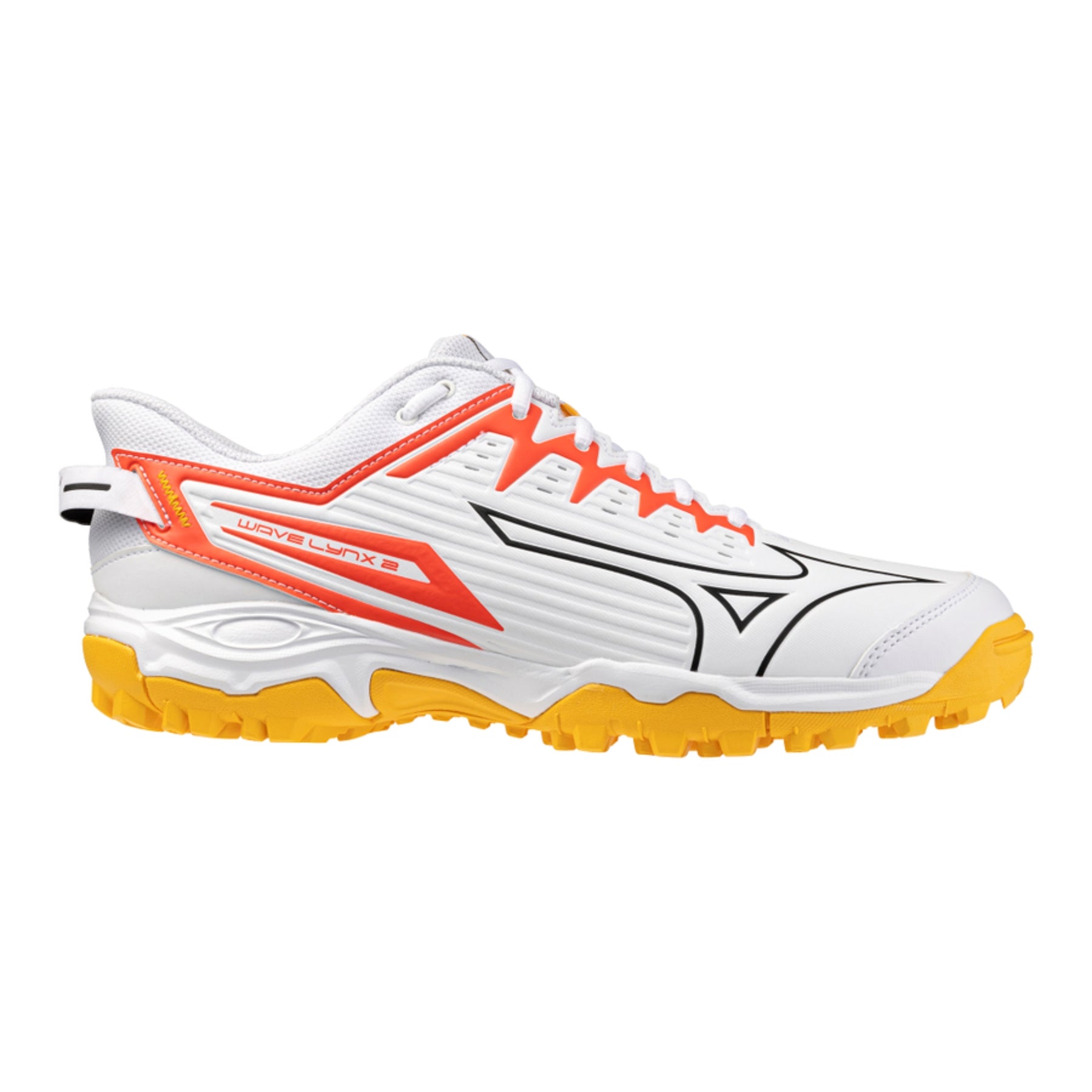 Mizuno Wave Lynx 2 Astro Hockey Shoes: White/Fiery Coral/Citrus