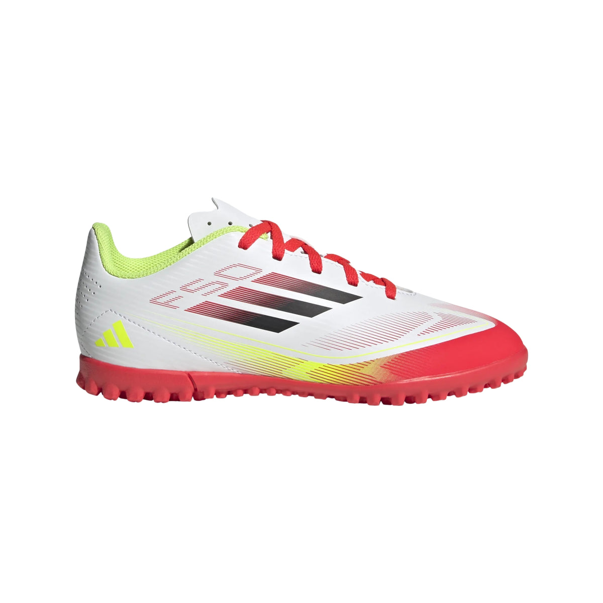 Adidas F50 Club TF Junior Astro Football Boots: White/Black/Yellow