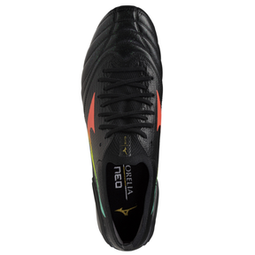 Mizuno Morelia Neo V Elite Rugby Boots: Black/Lava Orange