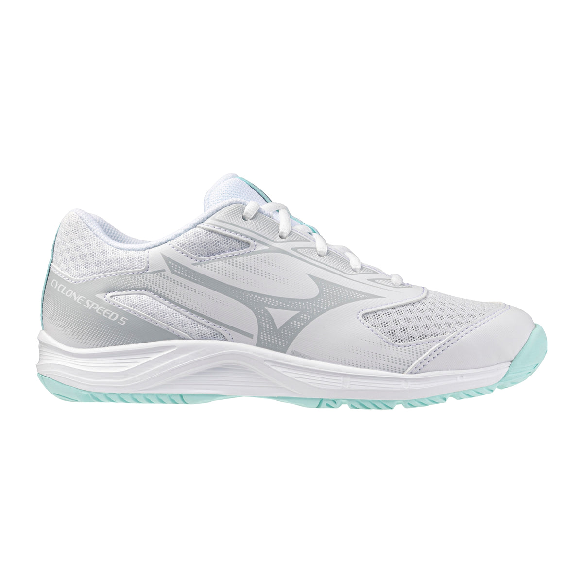 Mizuno Cyclone Speed Netball Shoes: White/Blue Tint