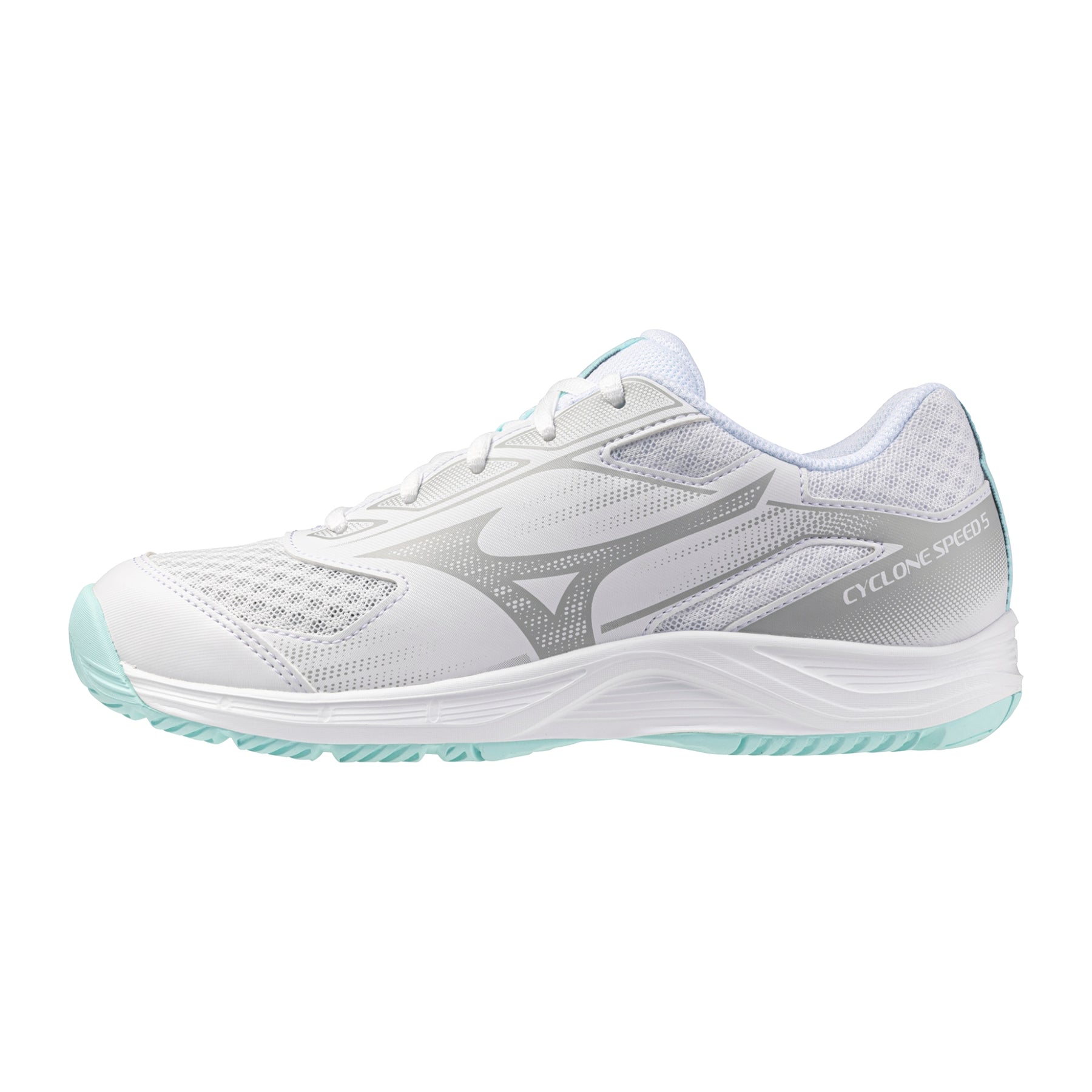 Mizuno Cyclone Speed Netball Shoes: White/Blue Tint