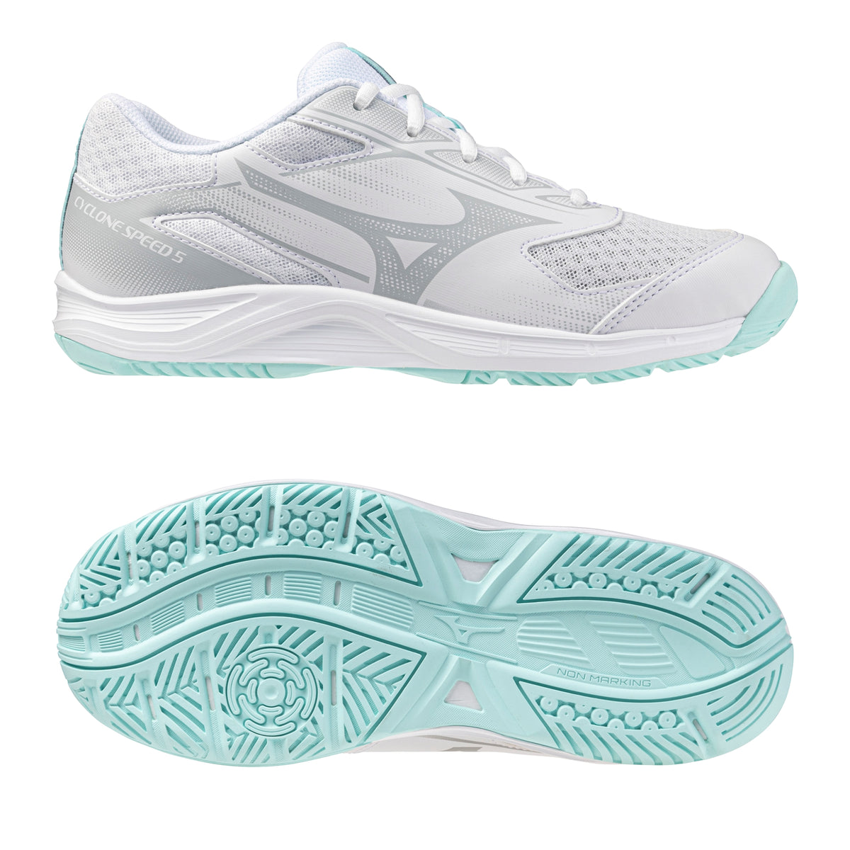 Mizuno Cyclone Speed Netball Shoes: White/Blue Tint