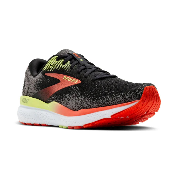 Brooks Ghost 16 Men's Running Shoes: Black/Mandarin Red/Green