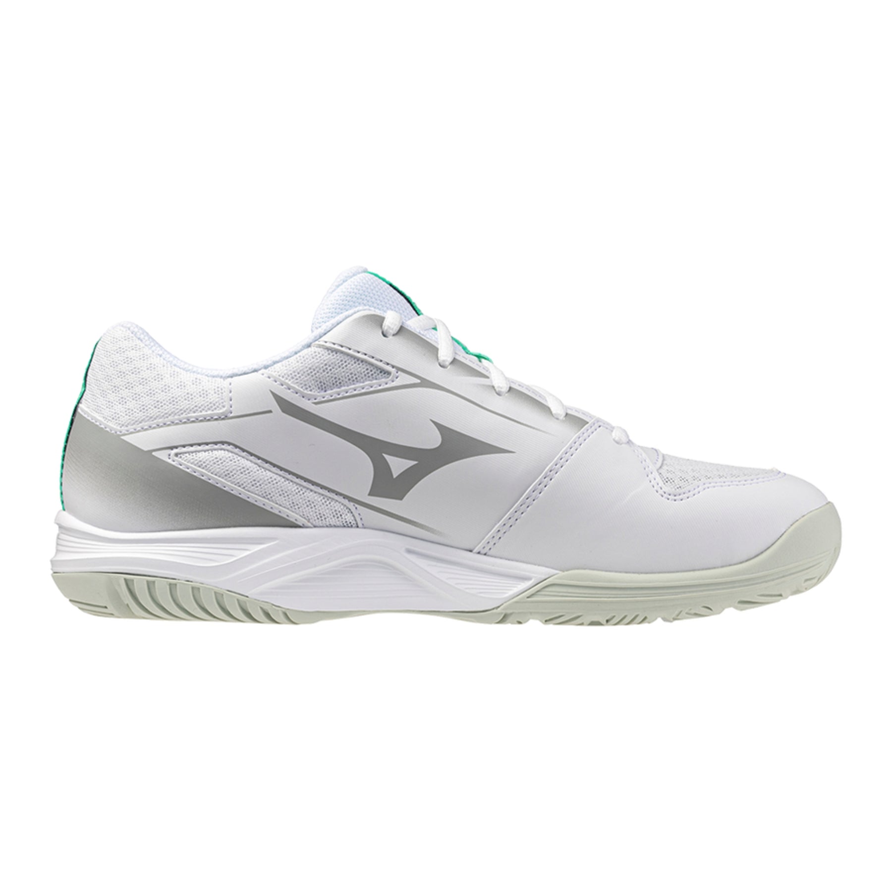 Mizuno Cyclone Speed Junior Netball Shoes: White/Black/Frozen Emerald