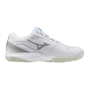 Mizuno Cyclone Speed Junior Netball Shoes: White/Black/Frozen Emerald
