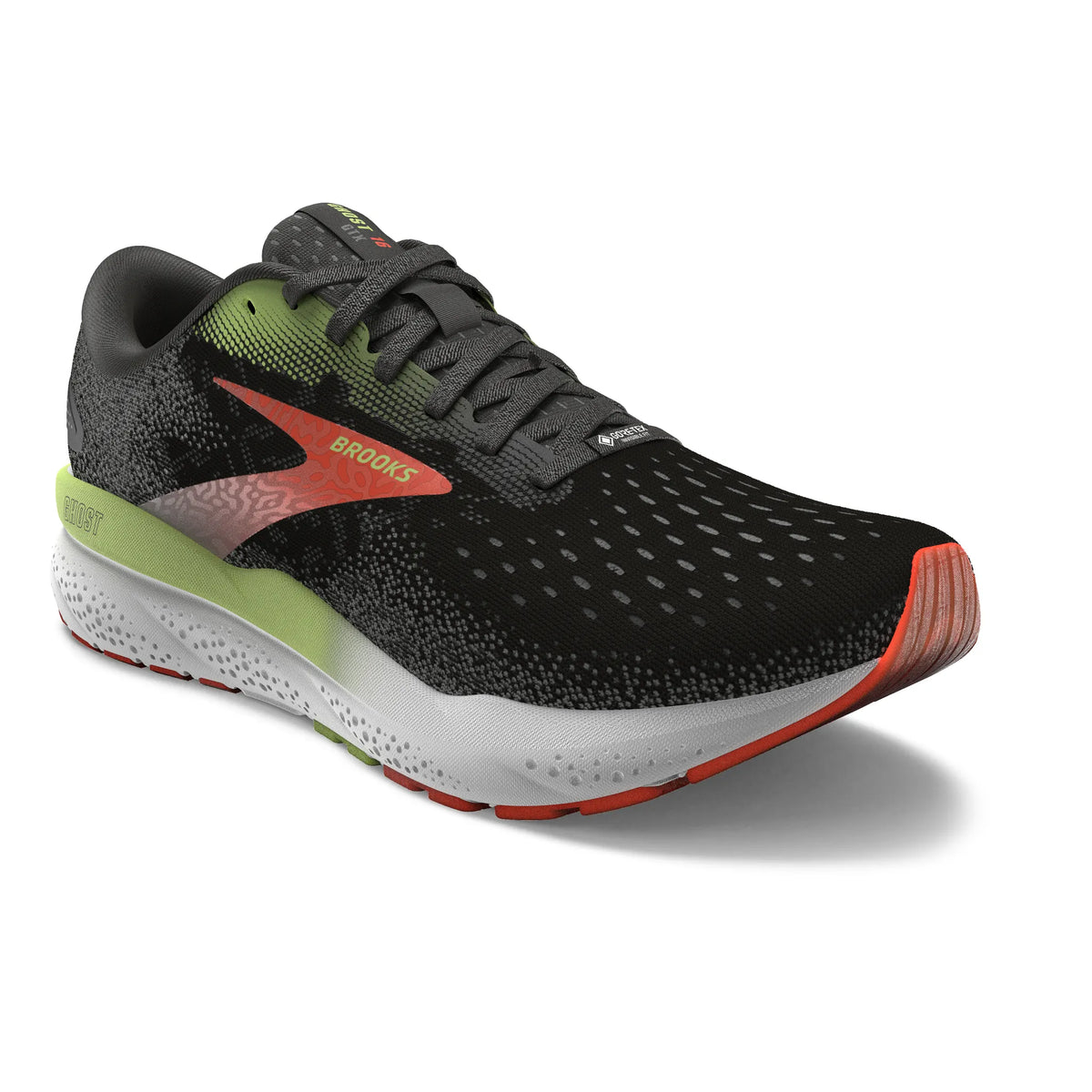 Brooks Ghost 16 Mens Running Shoes: Black/Mandarin Red/Green