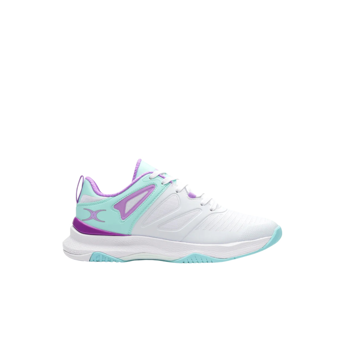 Gilbert Impact Womens Netball Shoes: White/Aqua/Purple