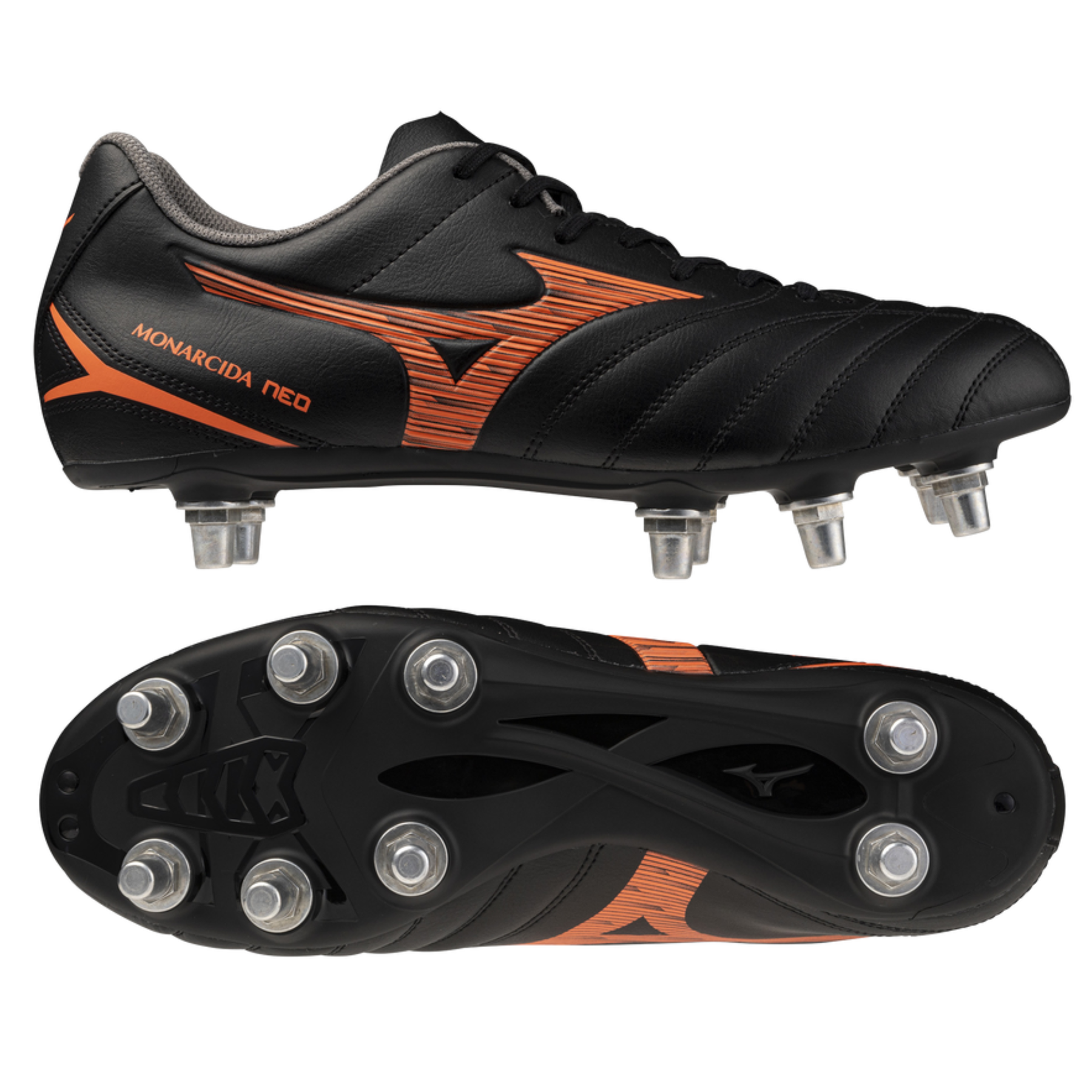 Mizuno Monarcida Neo III Rugby Boots: Black/Lava Orange