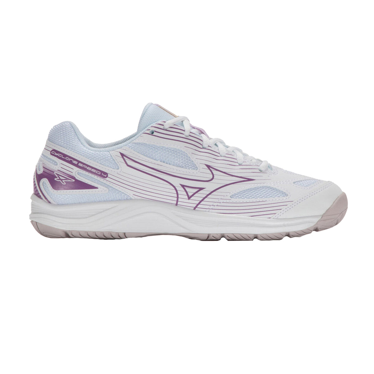Mizuno Cyclone Speed Netball Shoes: White/Purple/Quince