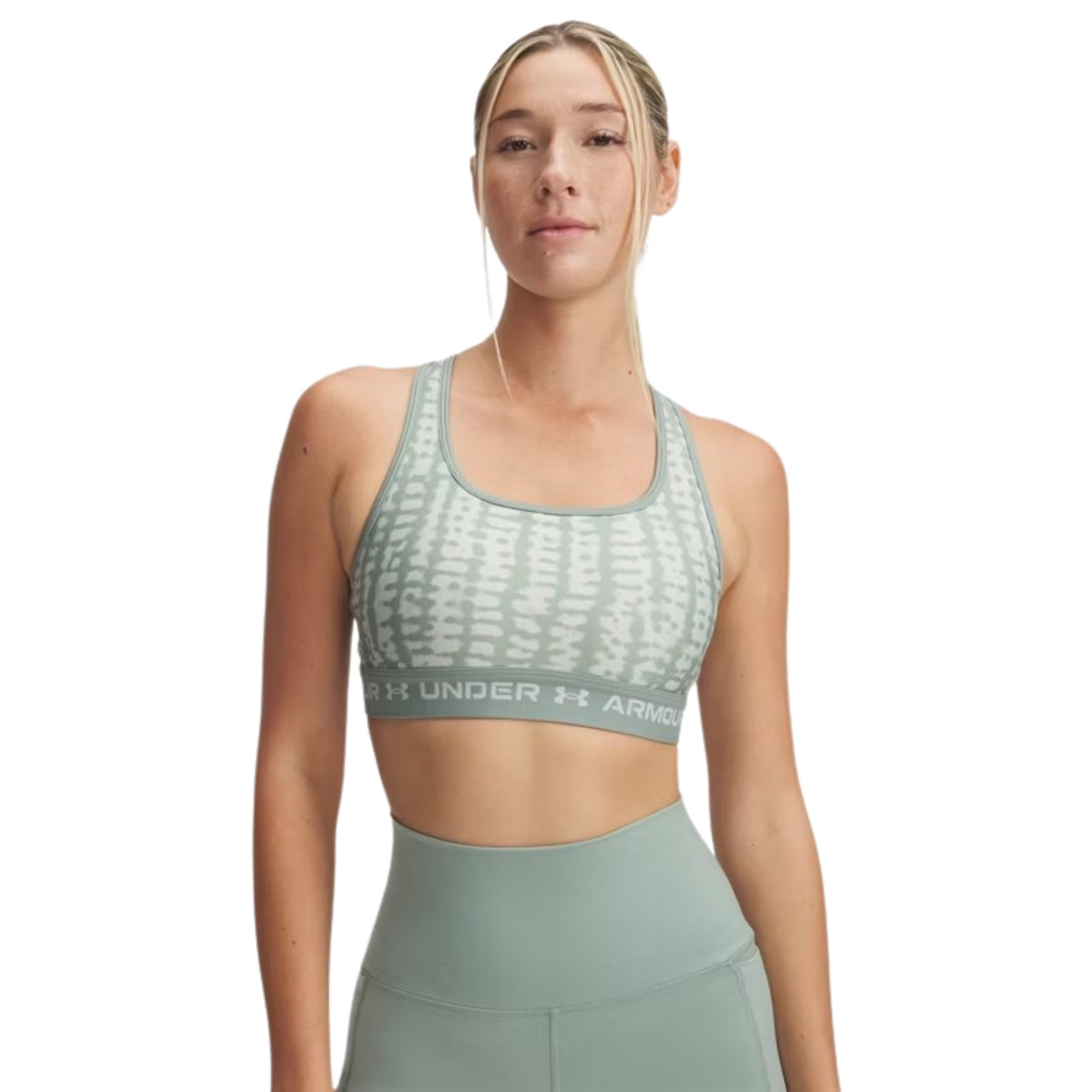 Under Armour Womens Armour Mid Crossback Printed Sports Bra 2025: Hydro Green/White