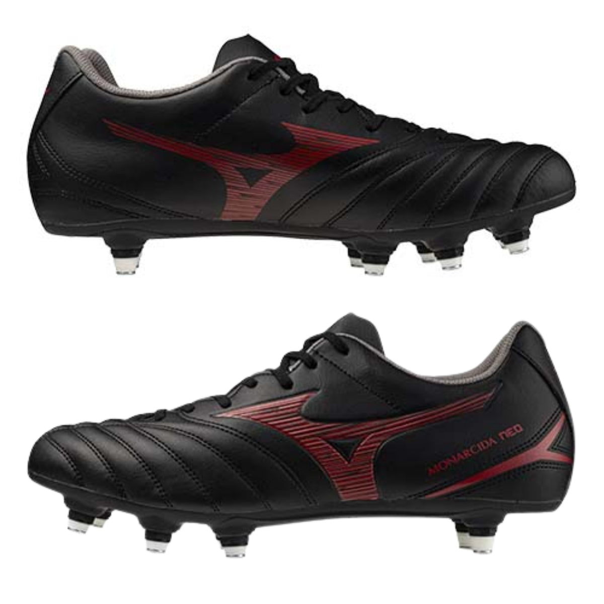 Mizuno Monarcida Neo III Rugby Boots: Black/Morelia Red
