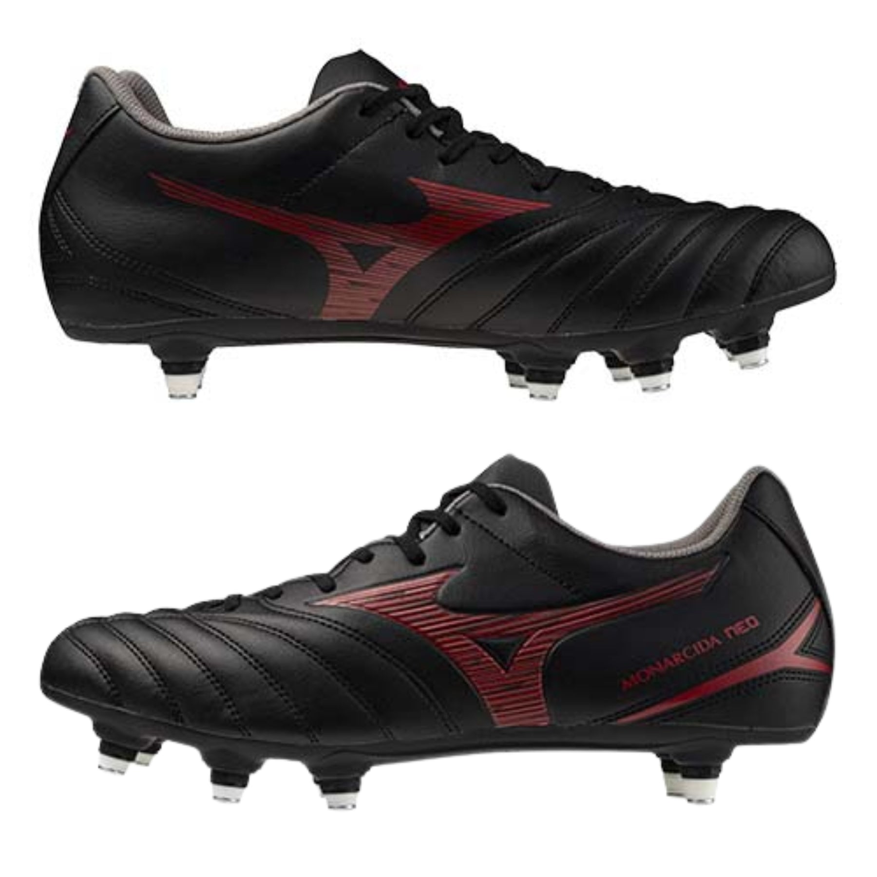 Mizuno Monarcida Neo III Rugby Boots: Black/Morelia Red
