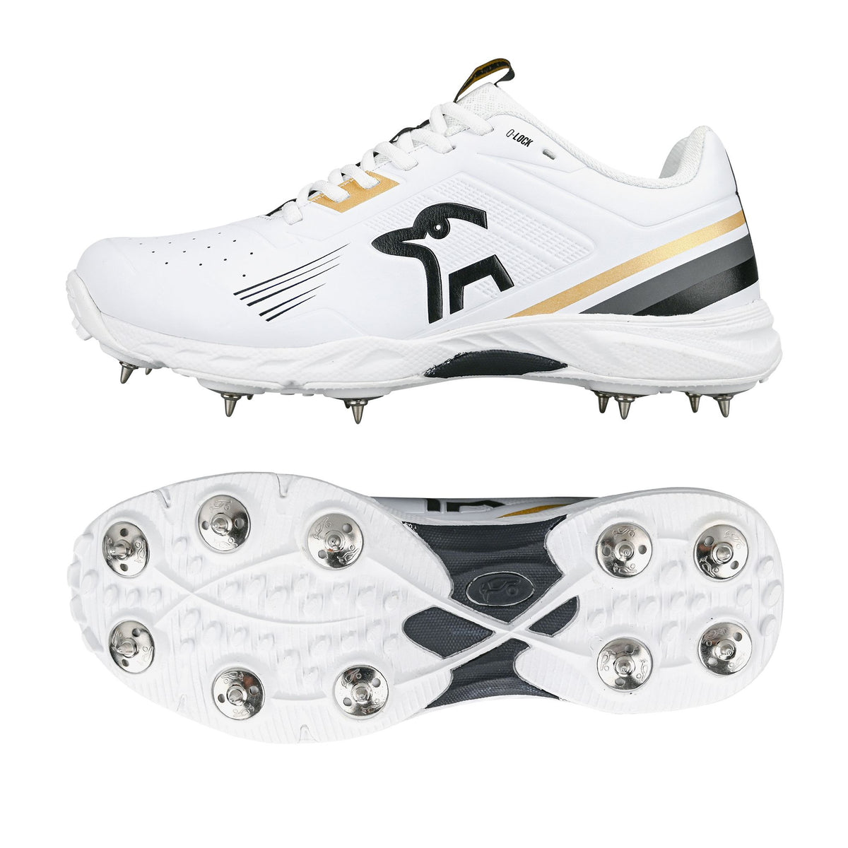 Kookaburra KC 3.0 Senior Spike Cricket Shoes 2025: White/Gold