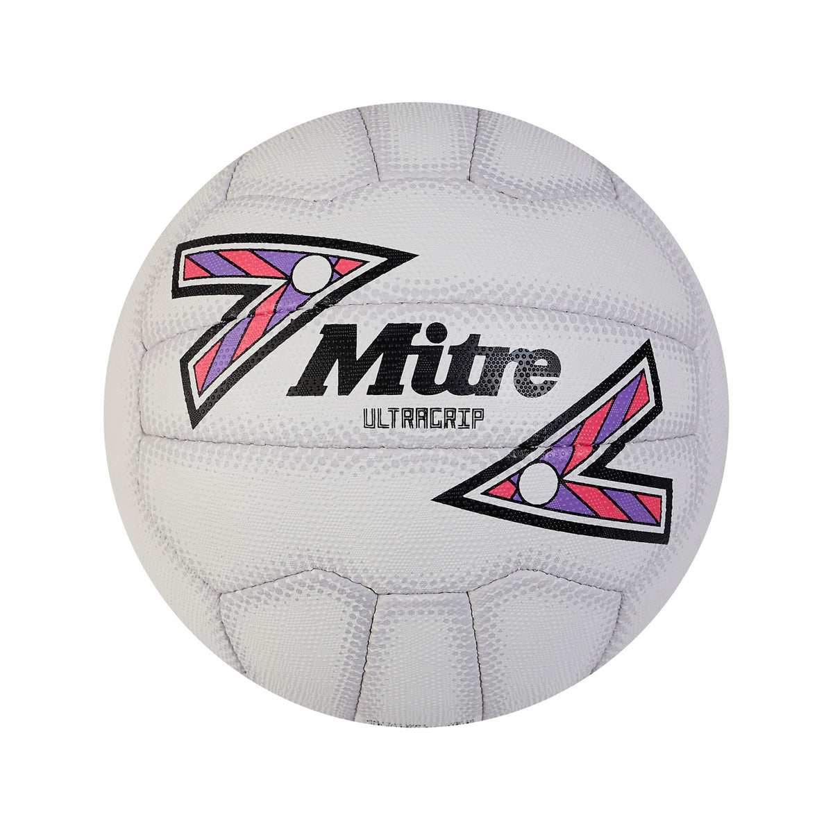 Mitre Ultragrip F18P Netball: White/Black/Purple - 5